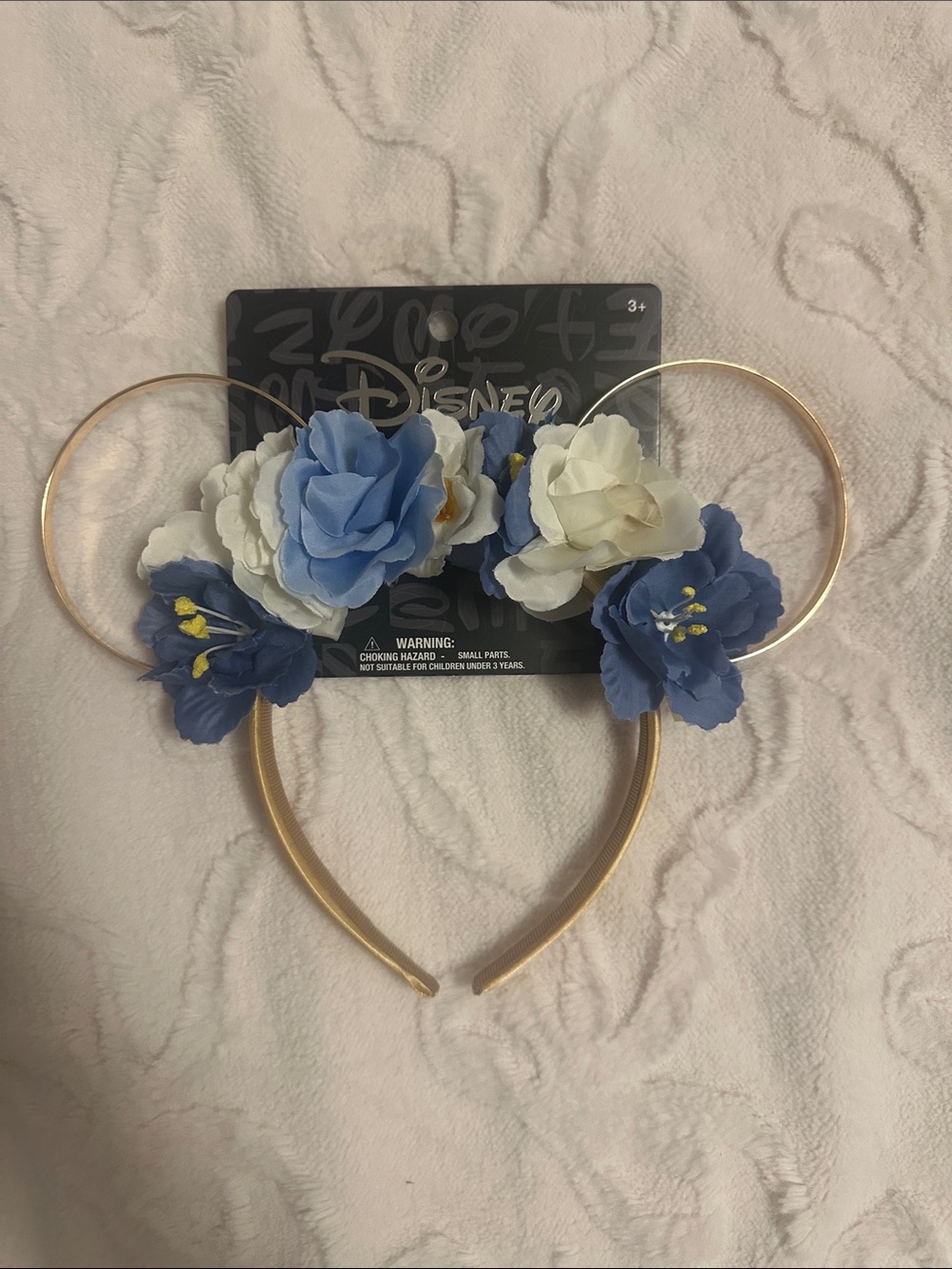 Aldi exclusive Disney Gold Floral Minnie Ear Headband with Blue & White Flowers